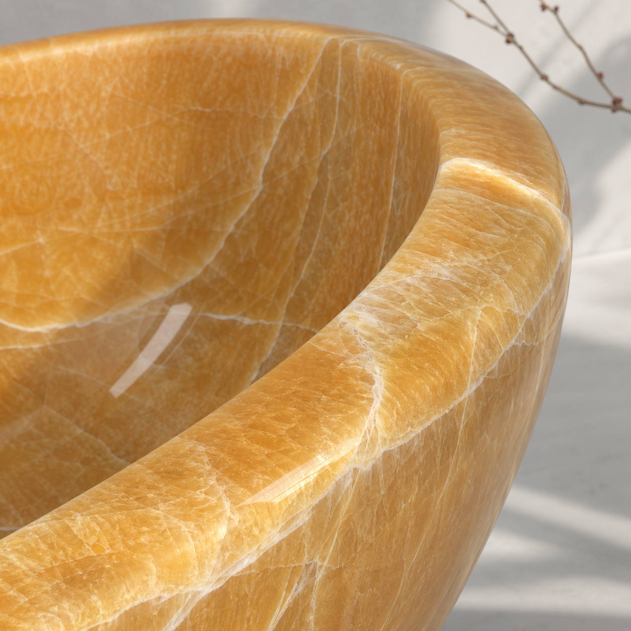 Close-up honey onyx special stone bathtub showing distinctive natural veining