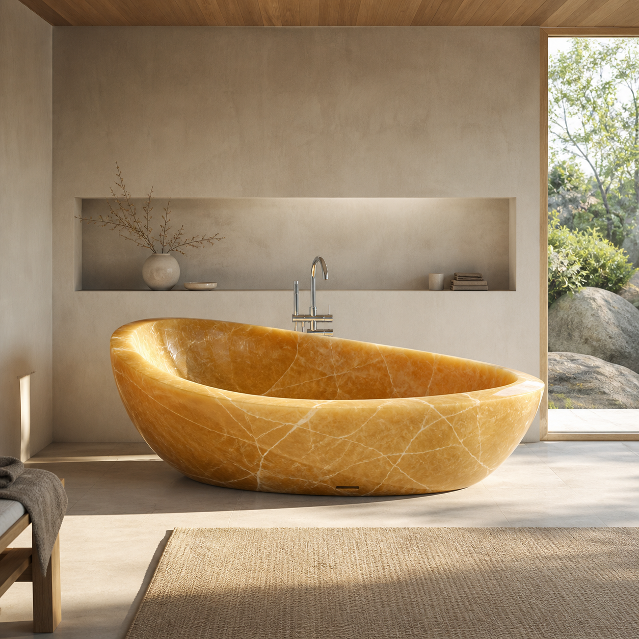 Honey onyx special stone bathtub creating an expressive focal point in a luxury bathroom