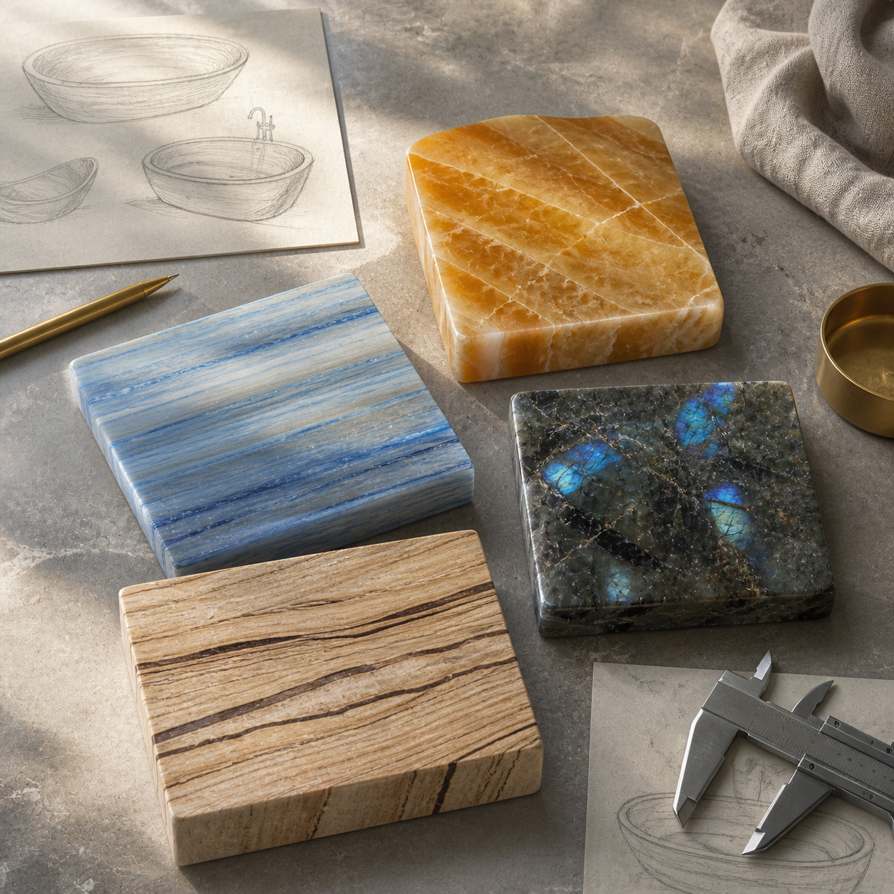 Special stone bathtub design moodboard with sketches and material samples