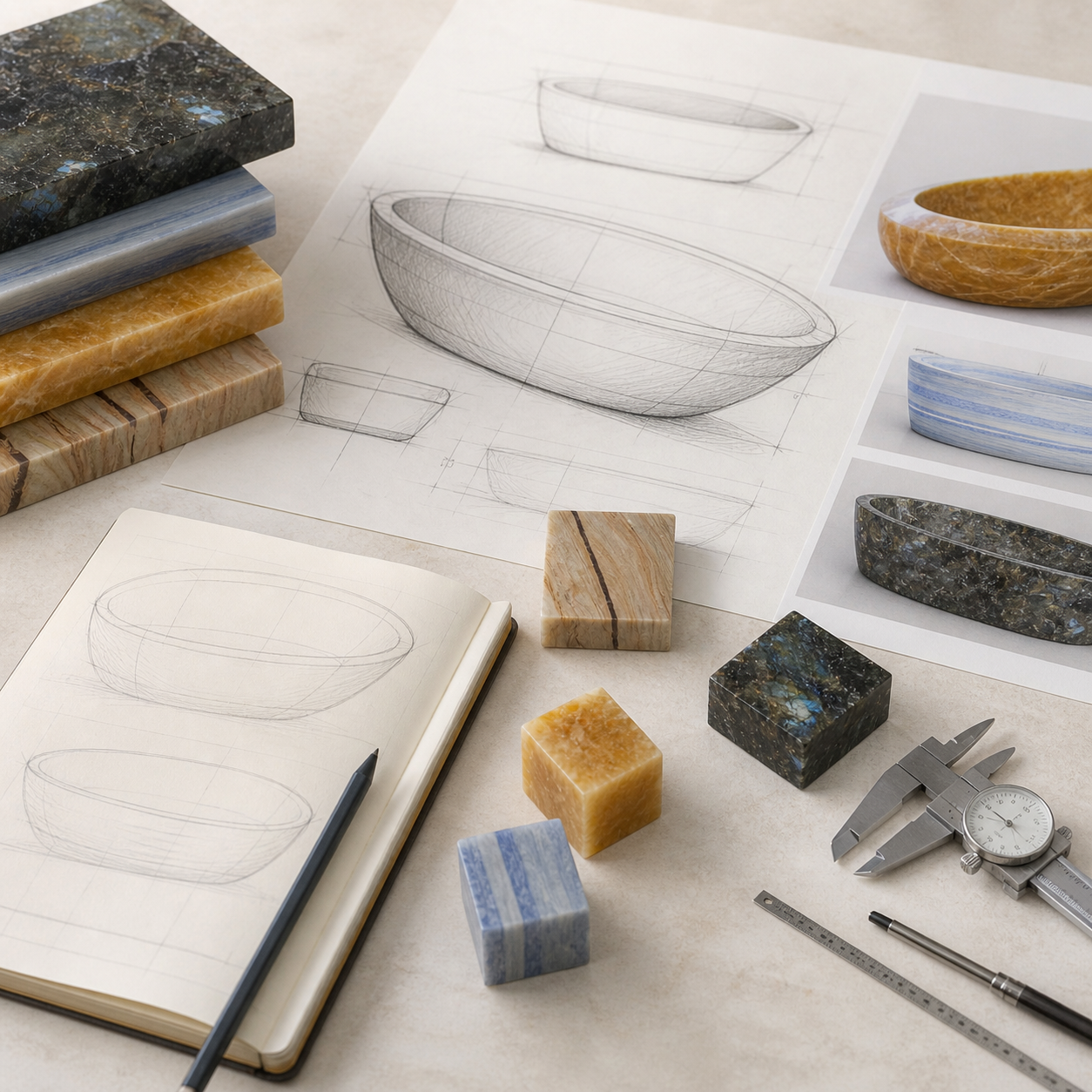 Special stone bathtub concept board with design sketches and material references