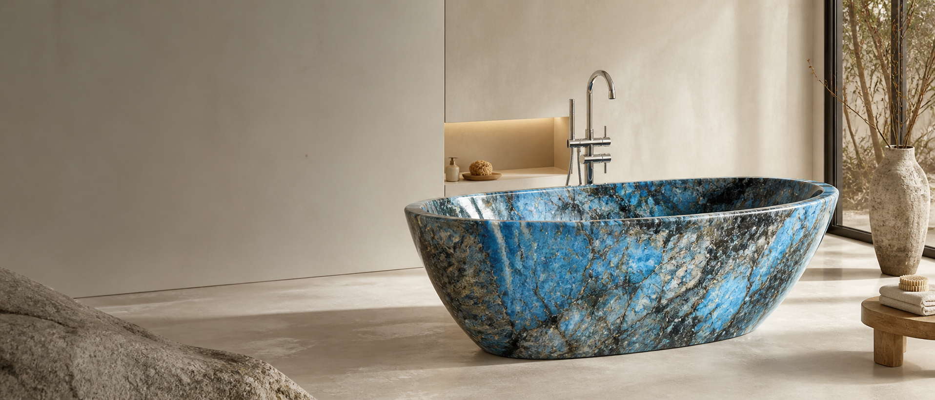 Artistic special stone bathtub in a calm luxury bathroom setting