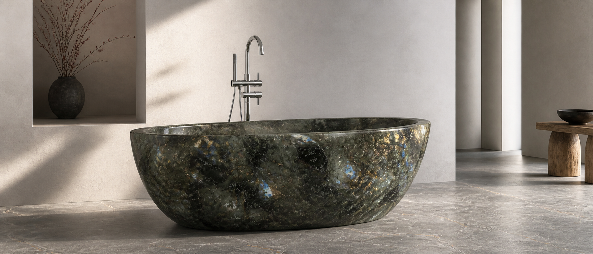 Special stone bathtub in a sunlit minimalist bathroom interior