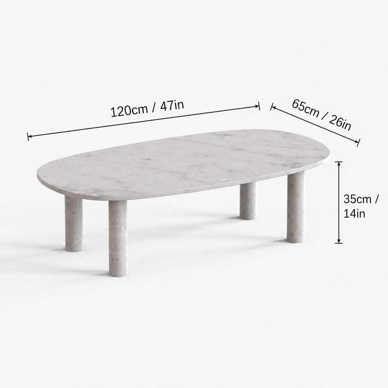 OIXDESIGN SquareCurve Carrara white marble coffee table size and dimensions in cm and inches