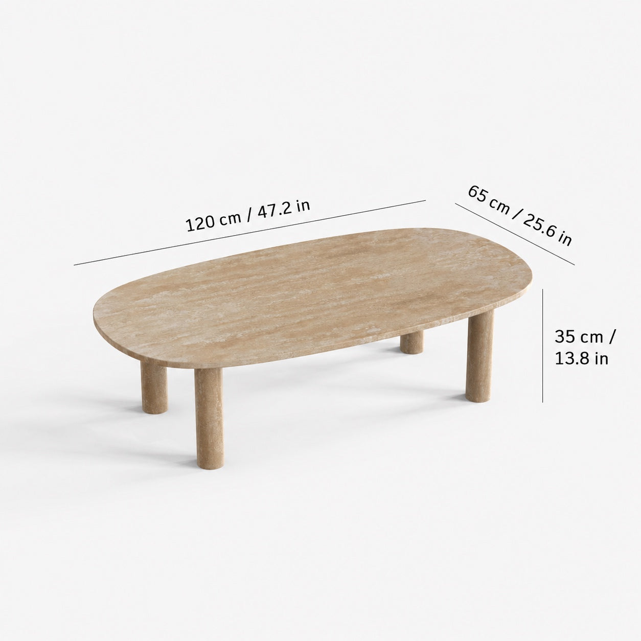 OIXDESIGN SquareCurve travertine coffee table size and dimensions in cm and inches