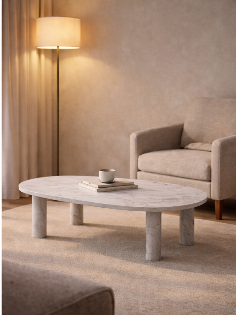 SquareCurve natural stone coffee table styled in a warm modern living room by OIXDESIGN.