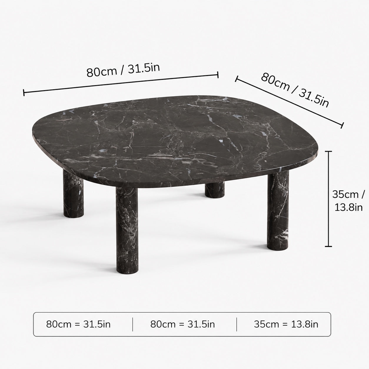 OIXDESIGN SquareSoft black marble coffee table size and dimensions in cm and inches