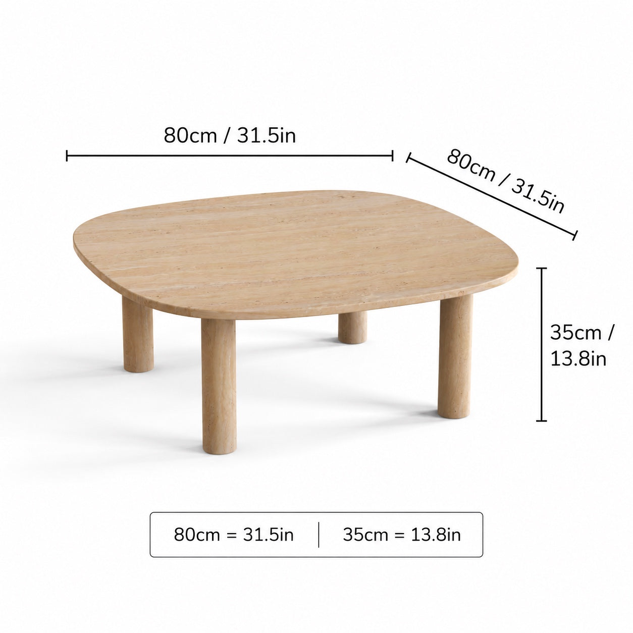 OIXDESIGN SquareSoft travertine coffee table size and dimensions in cm and inches