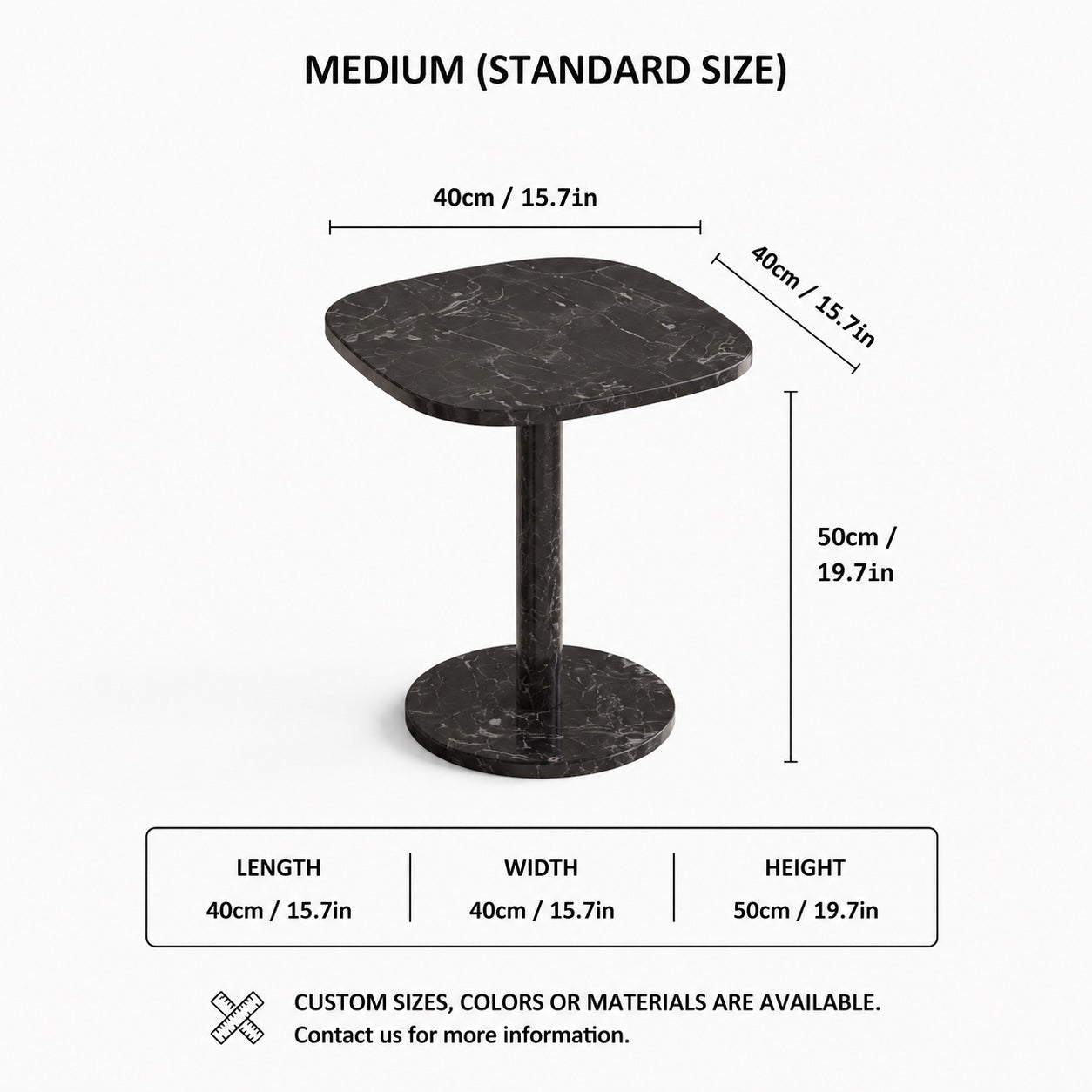OIXDESIGN SquareSoft black marble side table standard and custom size dimensions in cm and inches