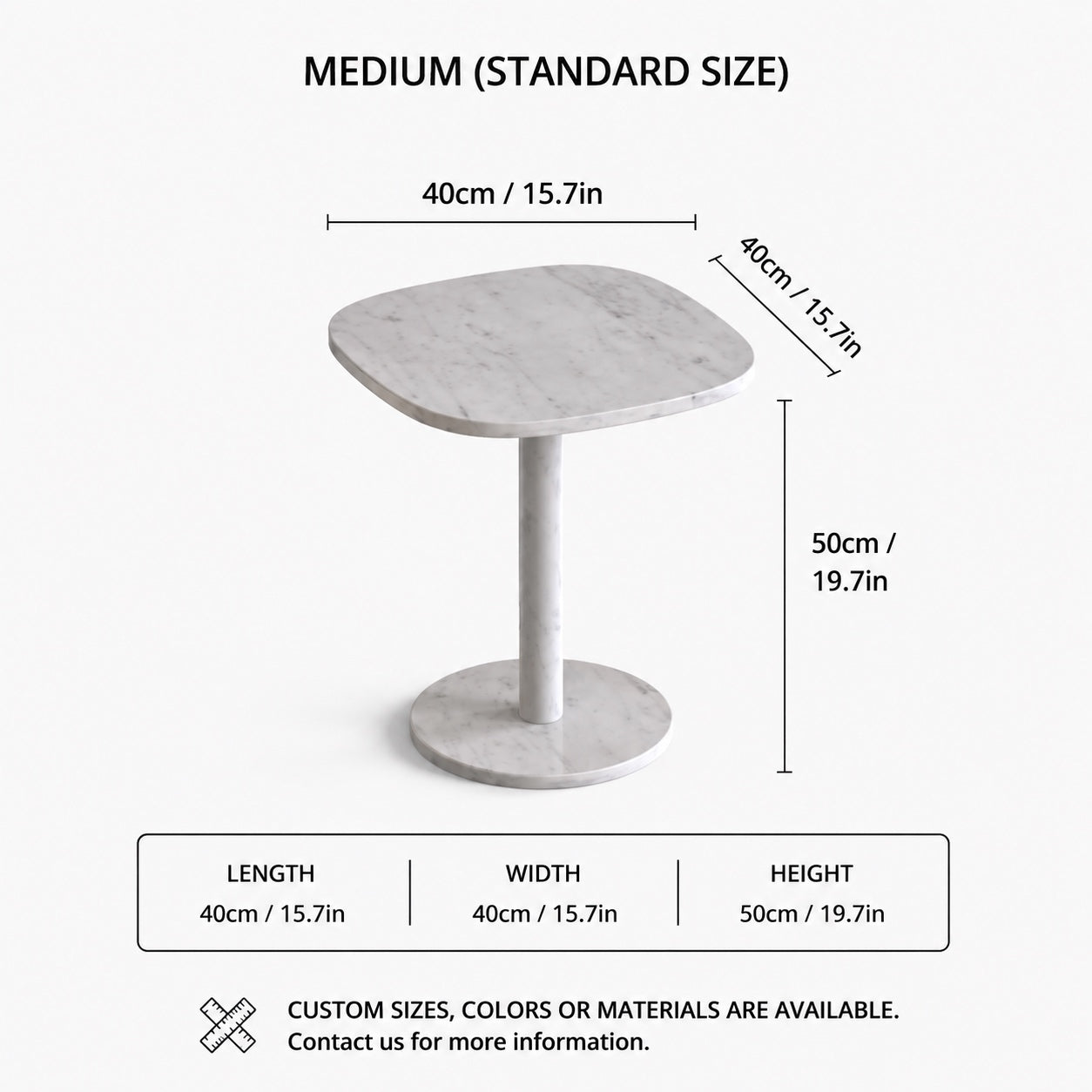 OIXDESIGN SquareSoft Carrara white marble side table standard and custom size dimensions in cm and inches