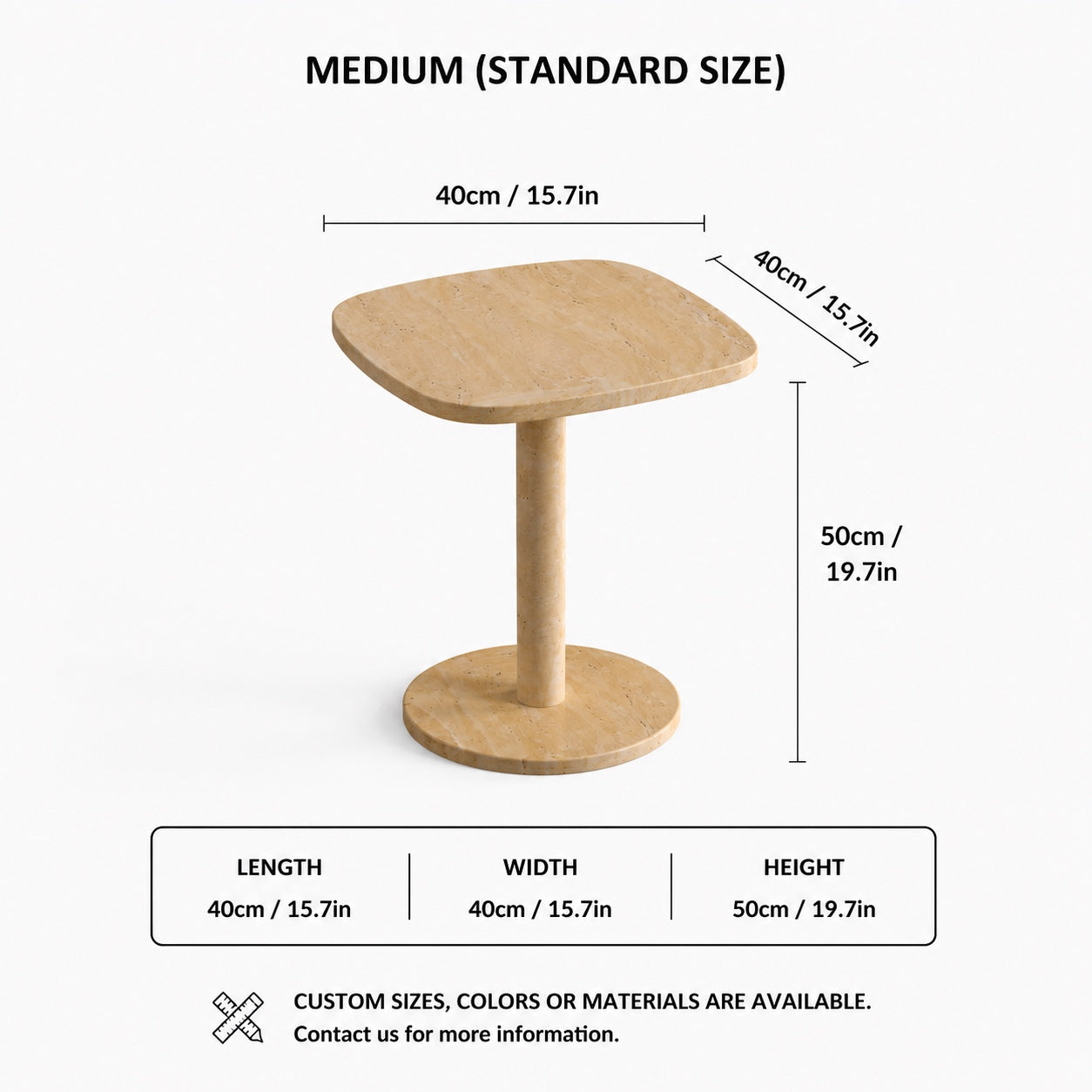 OIXDESIGN SquareSoft travertine side table standard and custom size dimensions in cm and inches