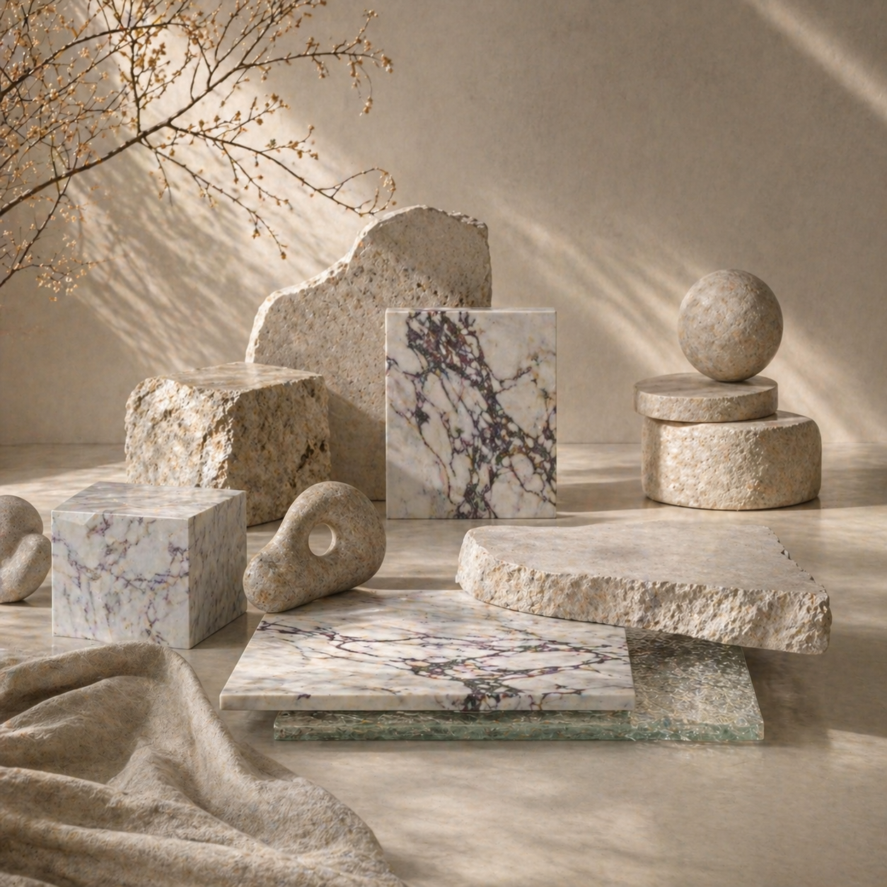 OIXDESIGN stone and marble material still life in soft natural light