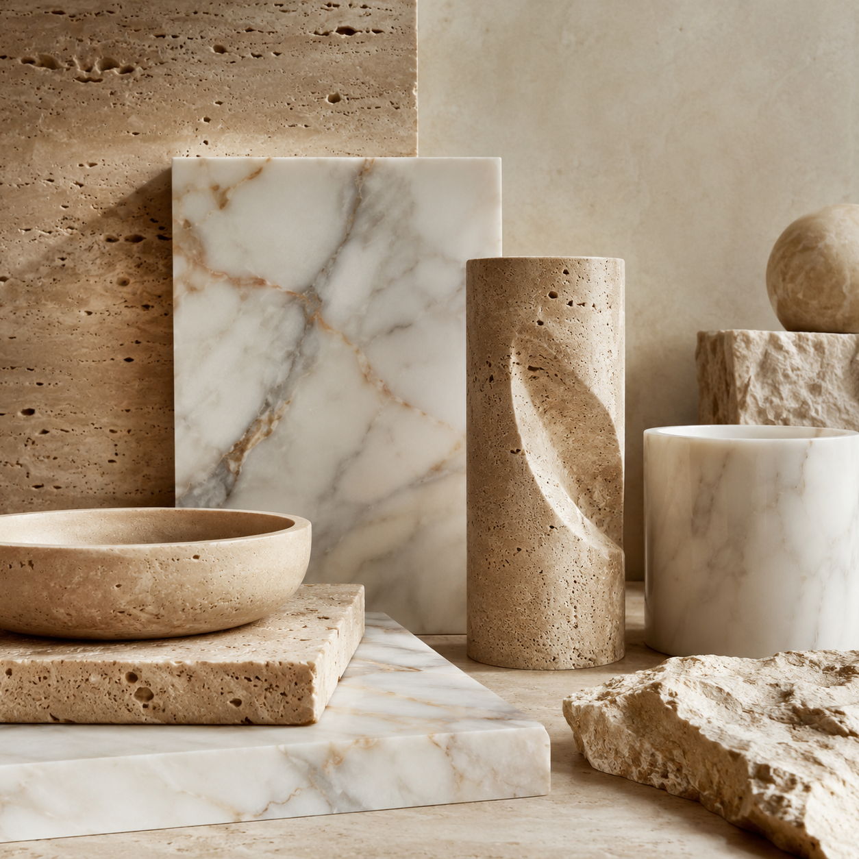 Curated marble, travertine, and natural stone forms and textures arranged in a warm editorial composition for OIXDESIGN Stone & Soul.