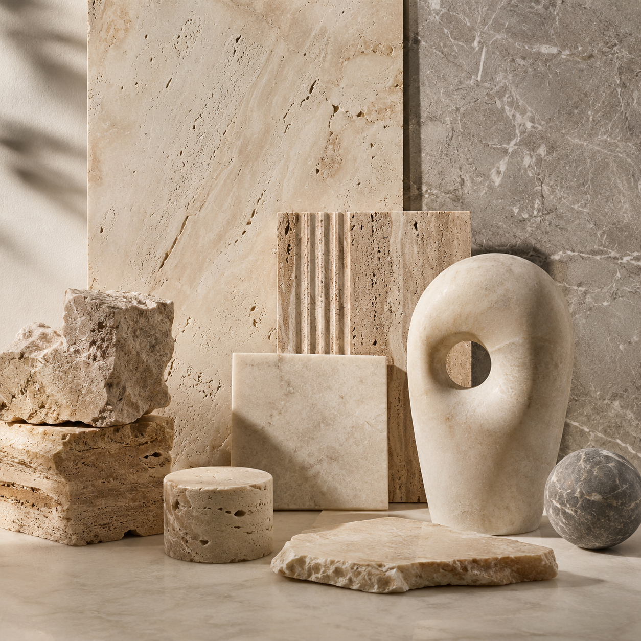 Curated natural stone textures, sculptural forms, and material pieces arranged in warm light for the OIXDESIGN Stone & Soul page.