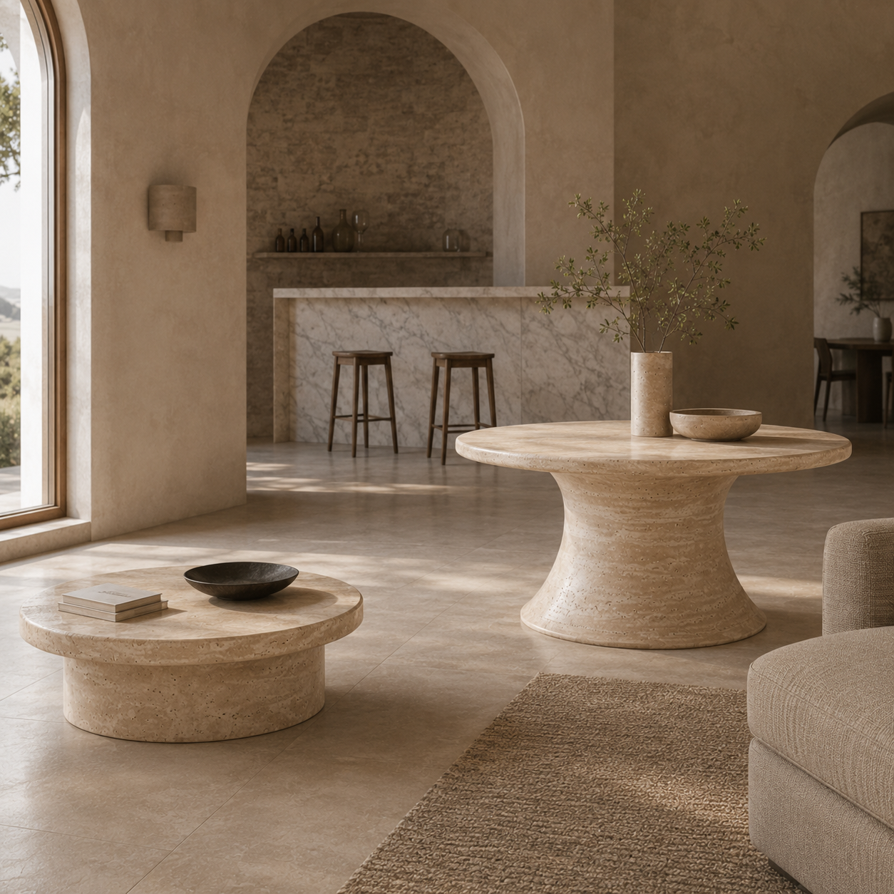 Round natural stone table in a warm serene interior representing Stone and Soul