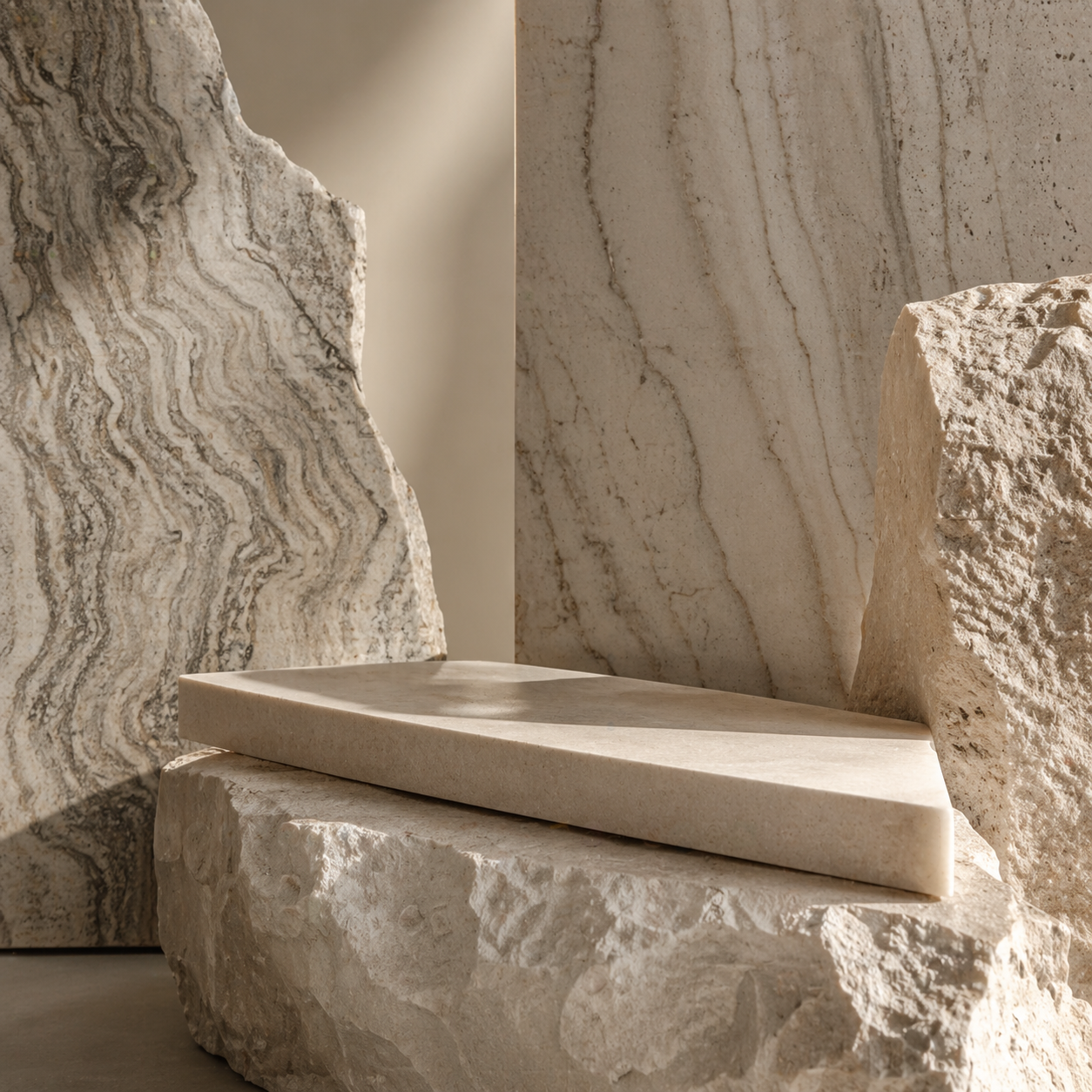 Sculptural natural stone composition expressing the material depth and character behind OIXDESIGN Stone and Soul