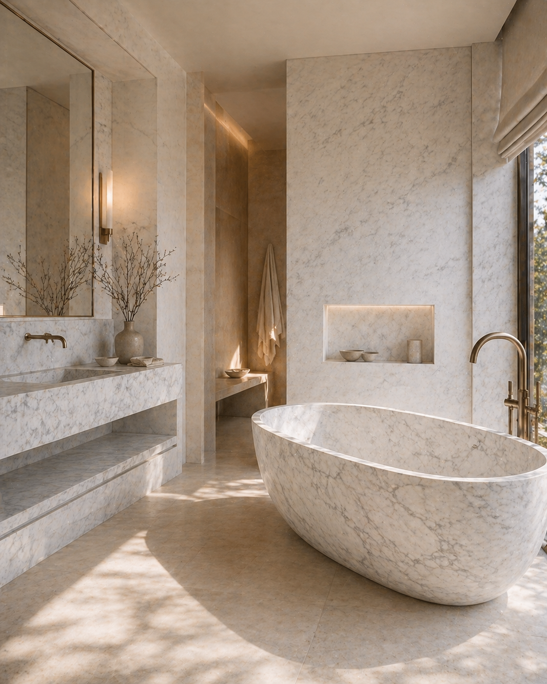 Carrara White marble bathtub and integrated stone vanity in a refined high-end residential bathroom by OIXDESIGN.