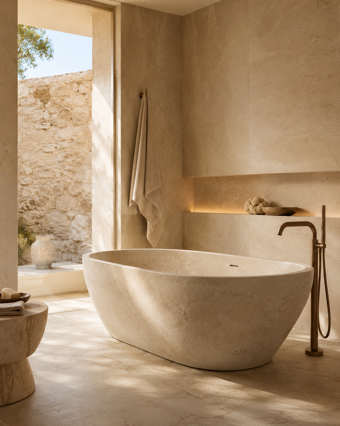 Freestanding natural stone bathtub in a warm spa-like bathroom, illustrating proper care for stone bathtubs.