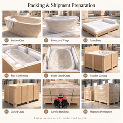 OIXDESIGN stone bathtub packing and shipment preparation illustrated overview, showing protective wrapping, foam cushioning, wooden crating and handling.