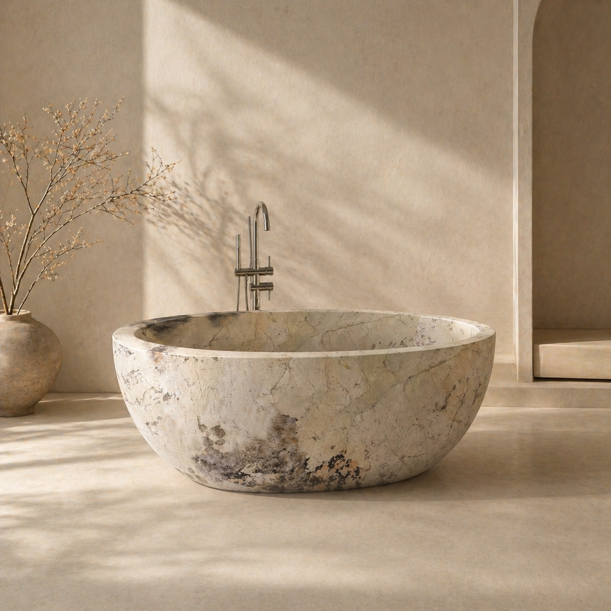 OIXDESIGN sculptural natural stone bathtub in a spa-inspired bathroom
