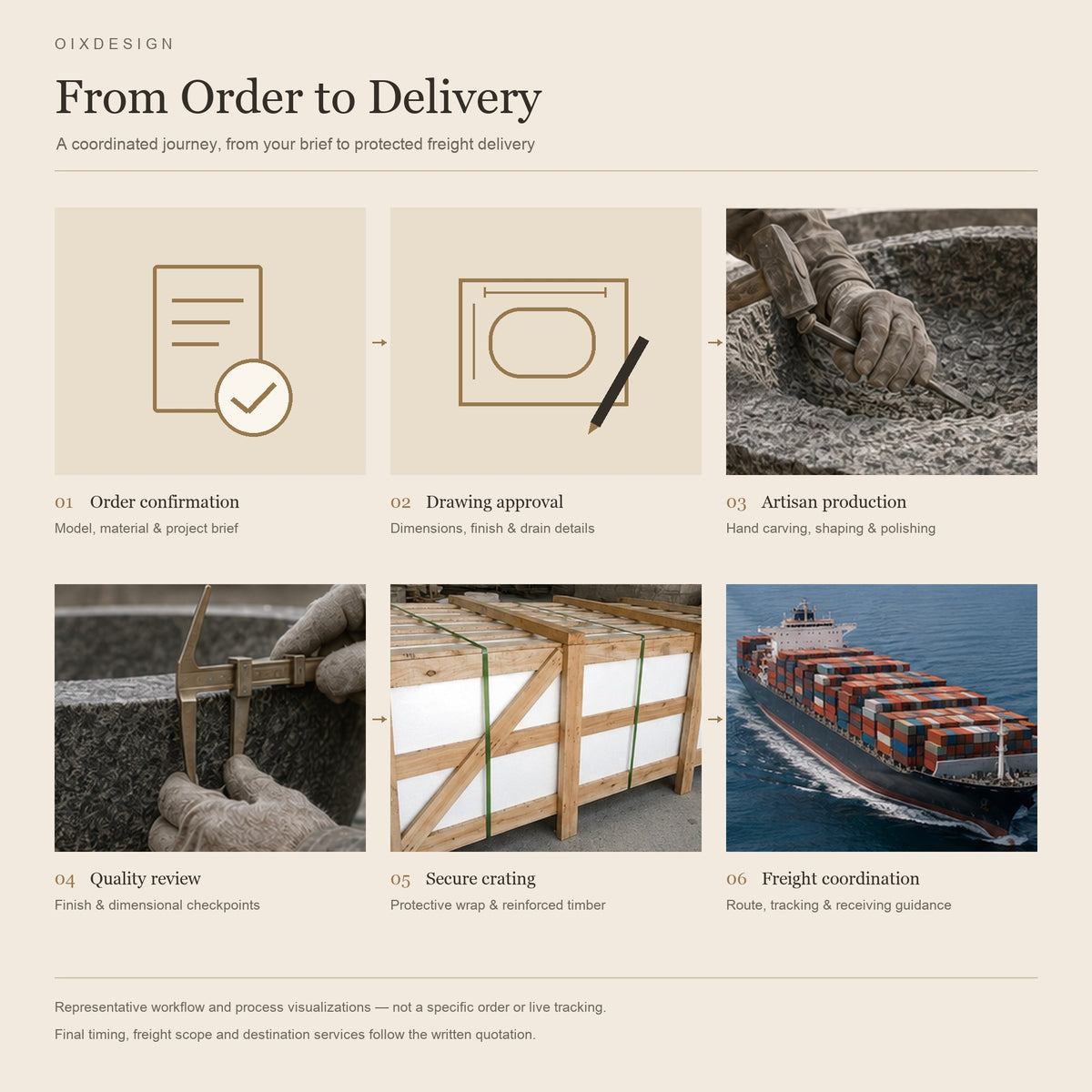 OIXDESIGN natural stone bathtub visual workflow showing order confirmation, drawing approval, artisan production, quality review, secure crating and freight coordination; representative process imagery