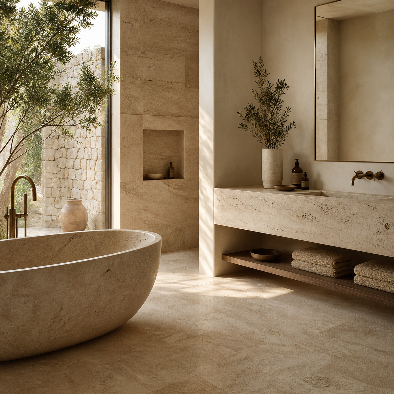 Custom bath project interior with a freestanding stone bathtub and integrated stone vanity