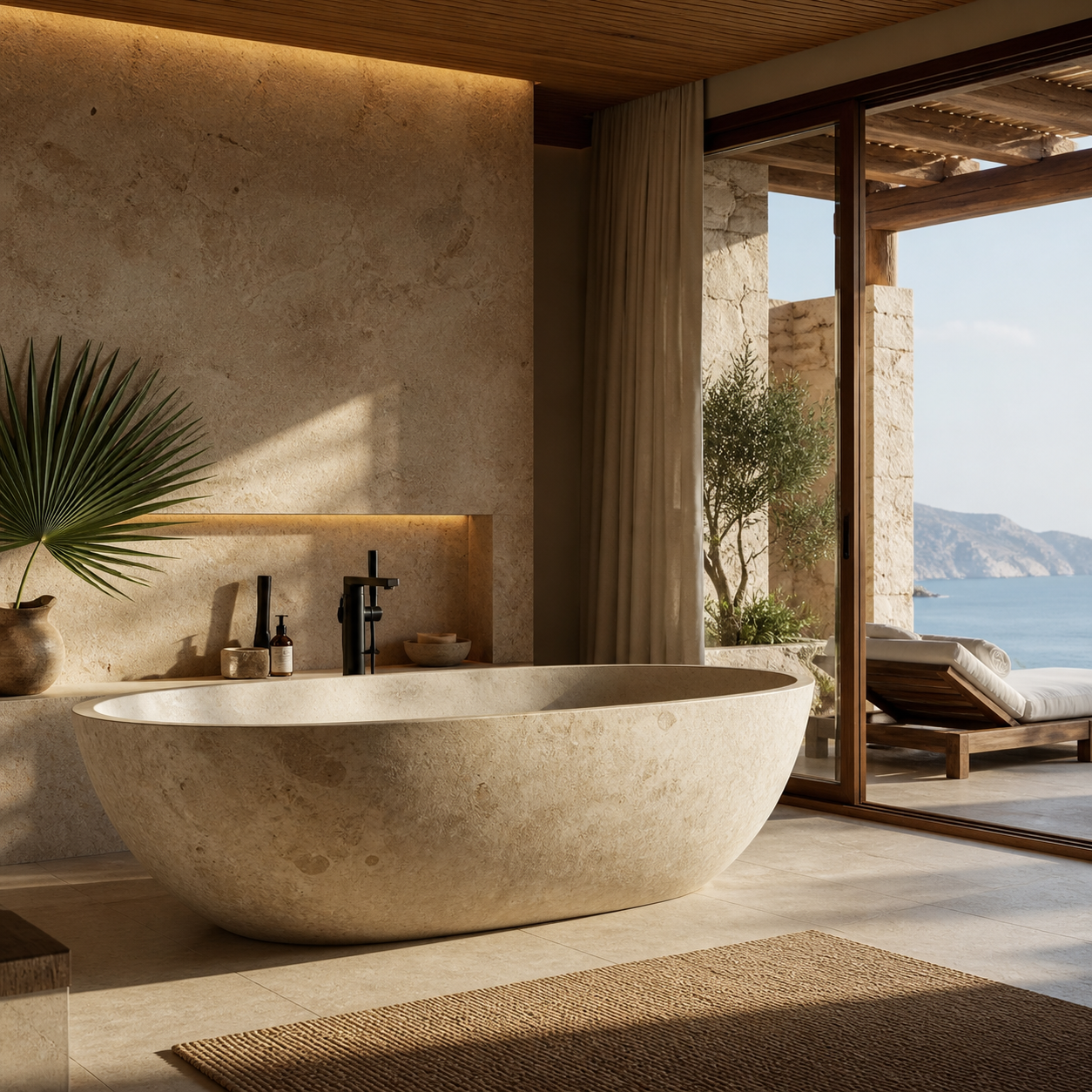 Refined hospitality bathroom interior featuring a freestanding natural stone bathtub