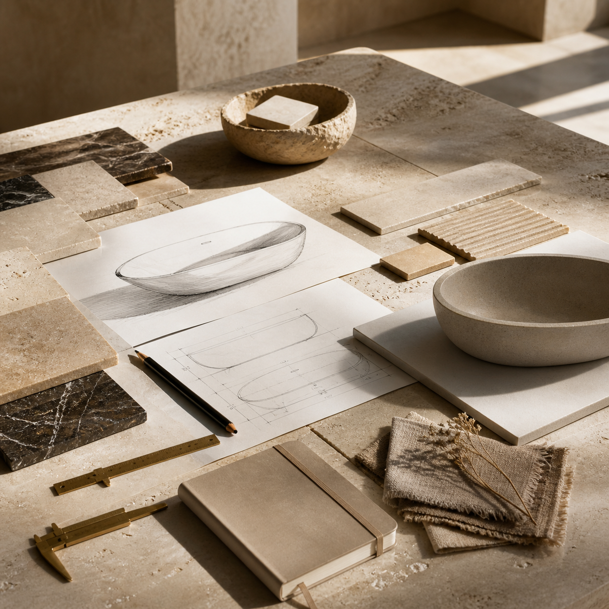 Design workspace with natural stone samples for bath projects and trade planning