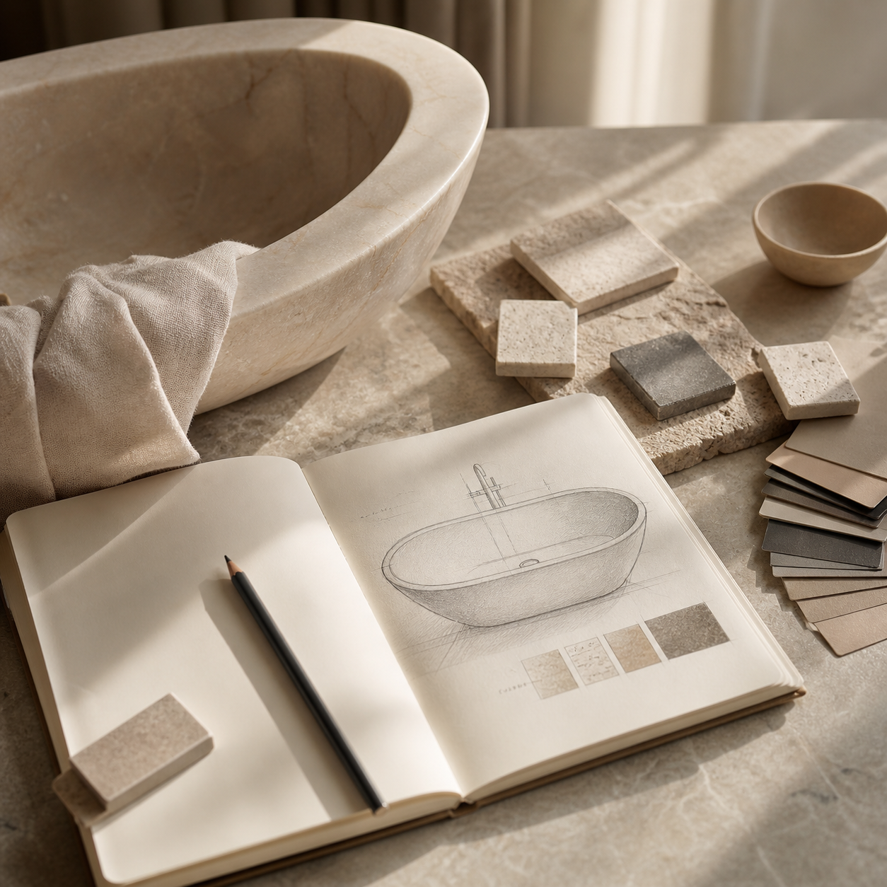 Stone bathtub project planning scene with design sketches, stone samples, and material selections