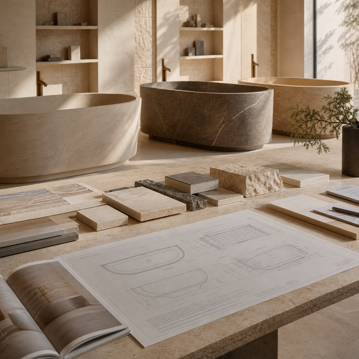 Showroom-style bathroom interior presenting a sculptural natural stone bathtub