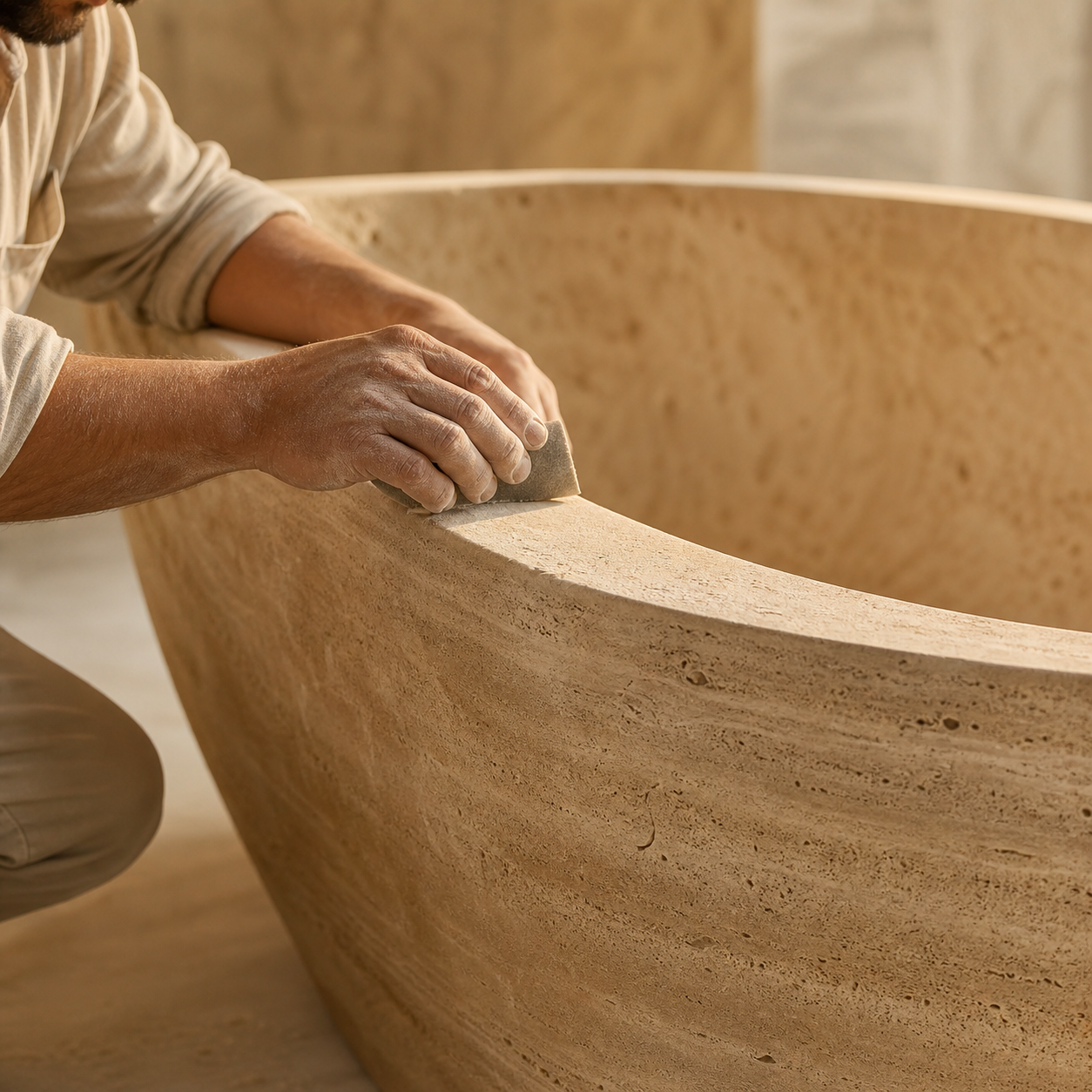 OIXDESIGN stone bathtub being hand-shaped from solid natural stone