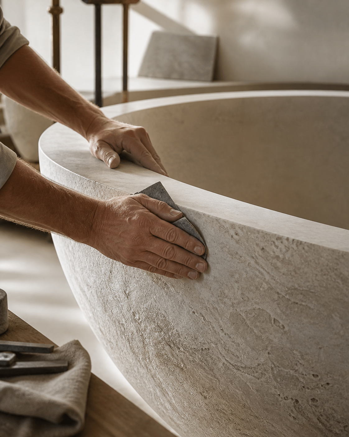Skilled craftsman shaping and hand-finishing a natural stone bathtub