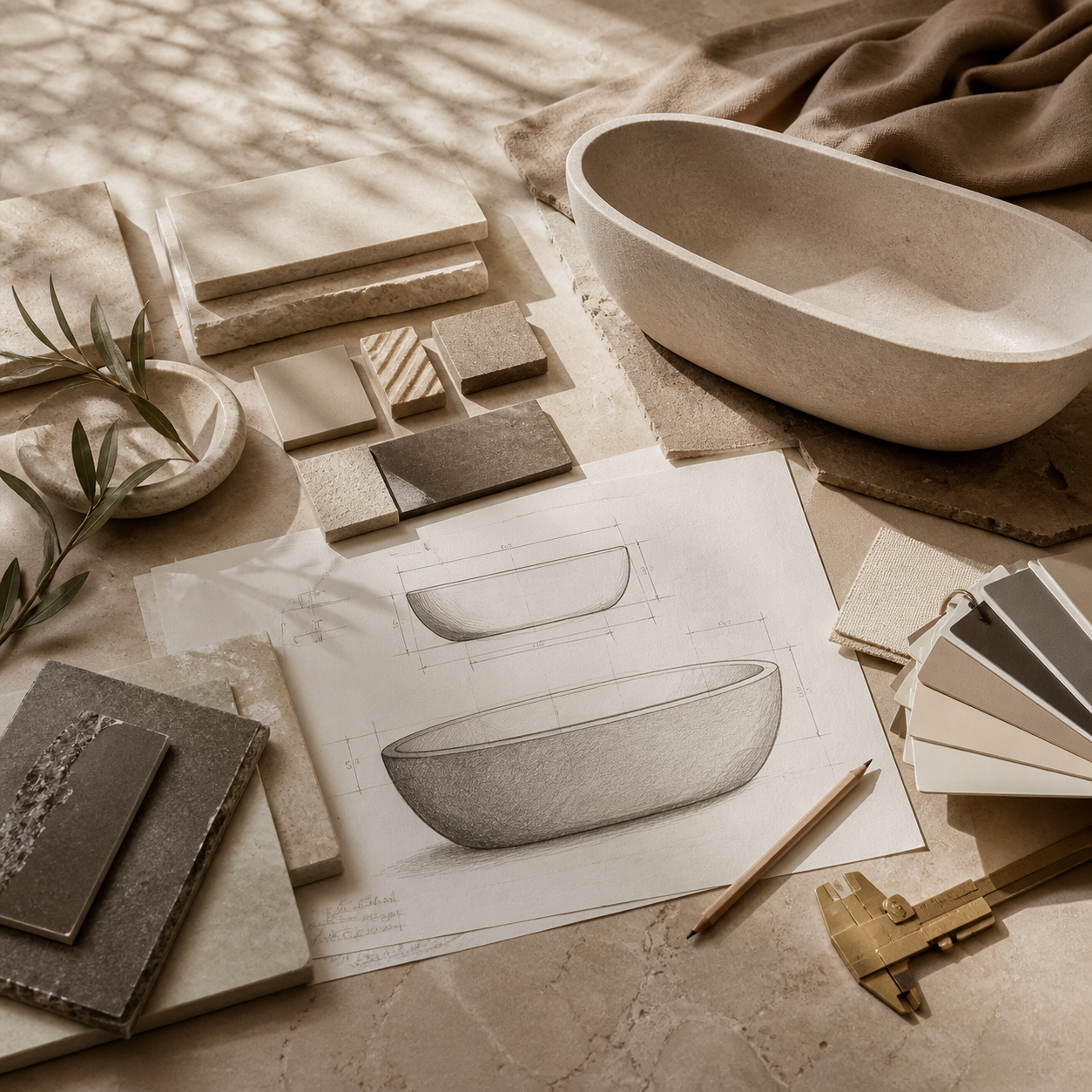 Natural stone bathtub design sketches with material samples for custom form planning