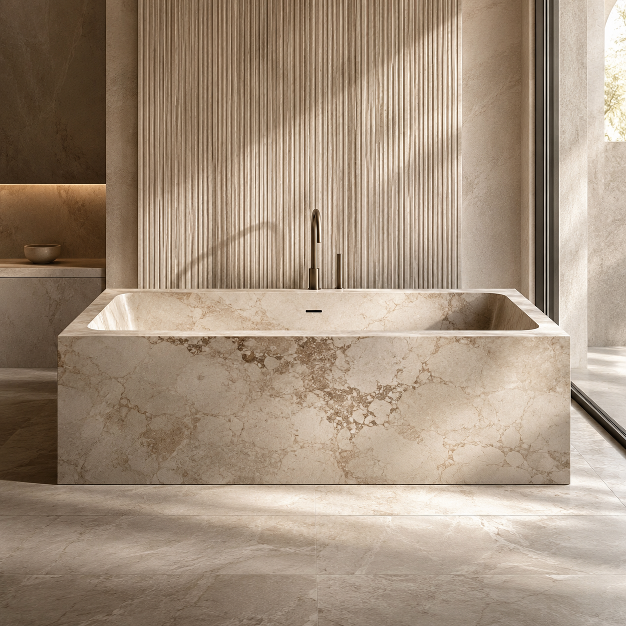 Luxury bathroom featuring a natural stone bathtub by OIXDESIGN