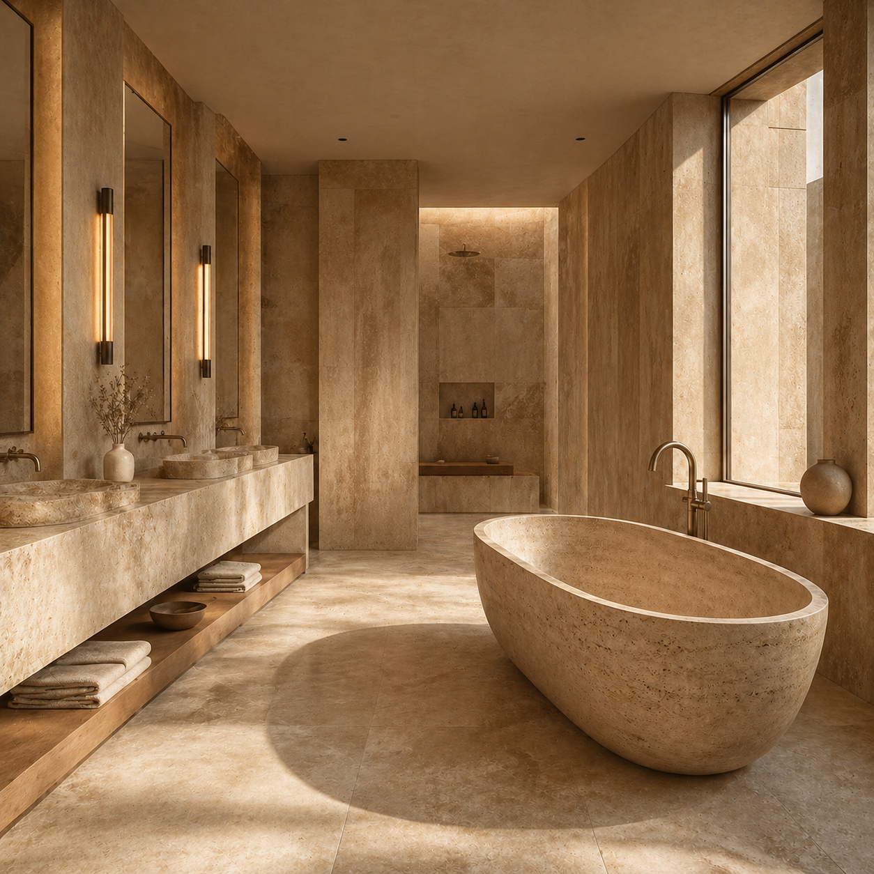OIXDESIGN stone bathtubs in a luxury hospitality bathroom with calm natural stone finishes