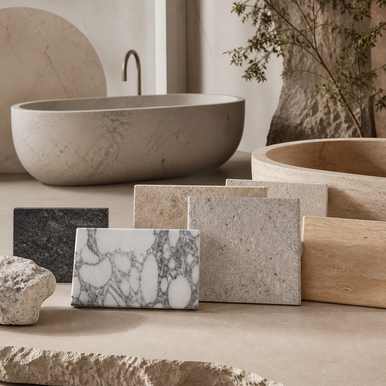 Natural stone bathtub materials and design mood board for custom bath projects