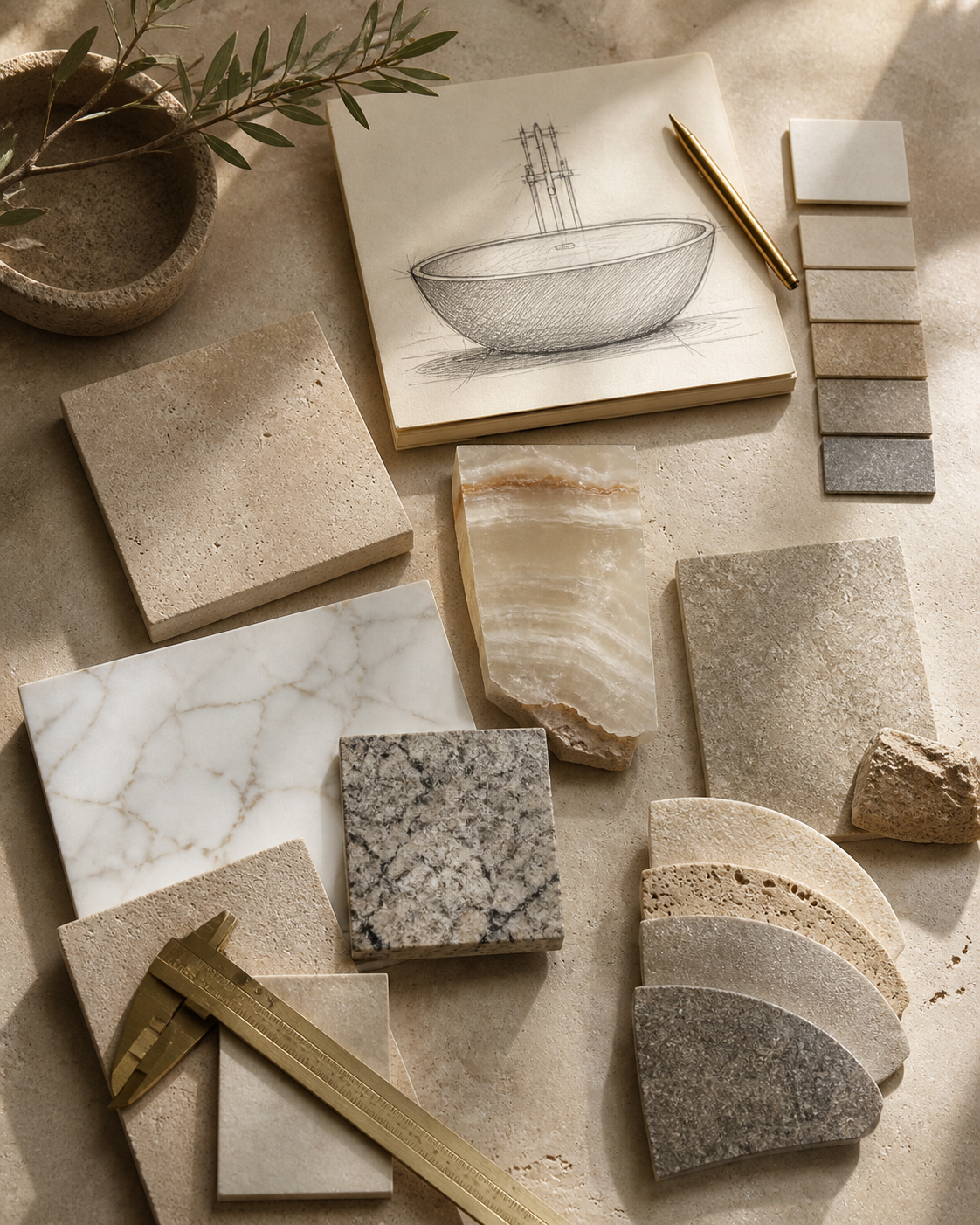 Stone bathtub design mood board with material samples and a refined bathroom concept