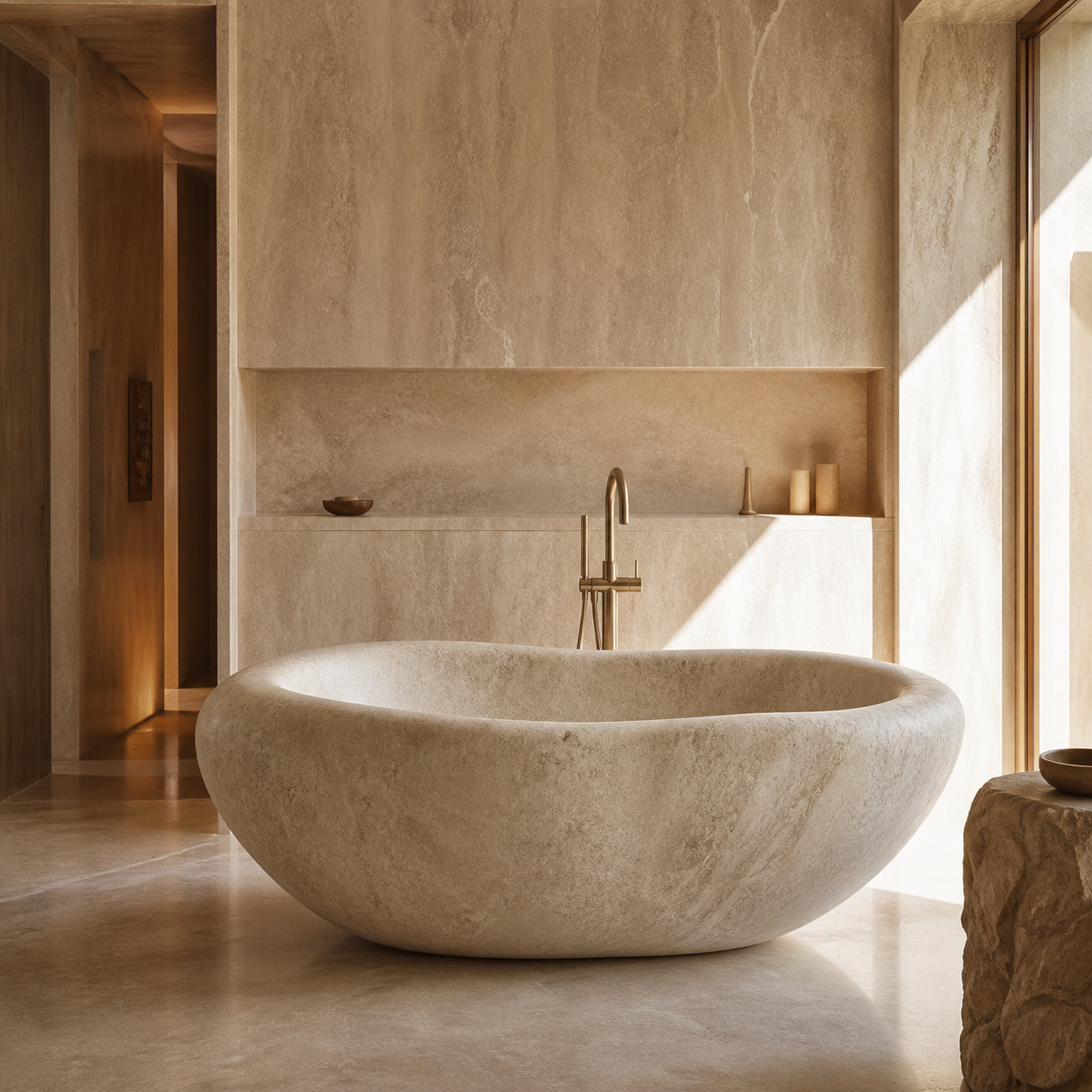 Sculptural natural stone bathtub in a serene luxury bathroom by OIXDESIGN