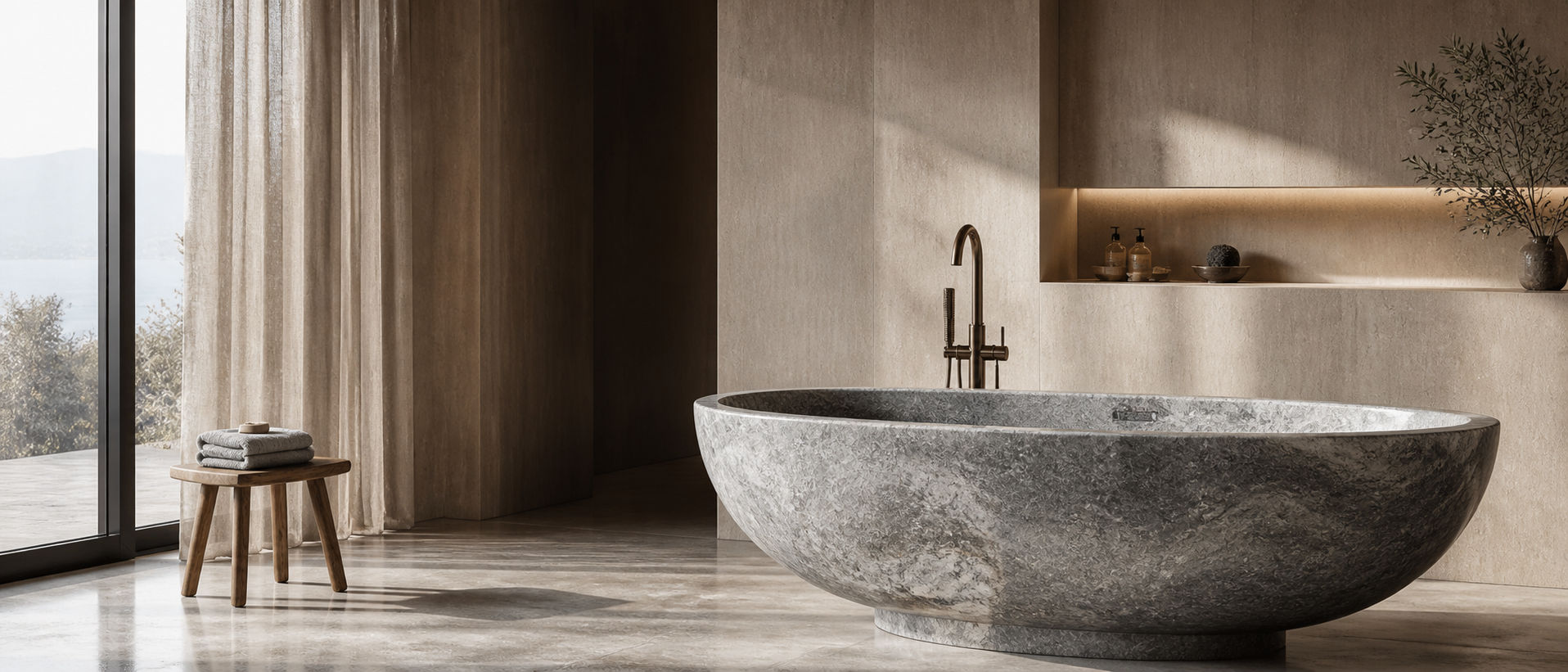 Elegant spa bathroom with a freestanding natural stone bathtub and warm architectural lighting