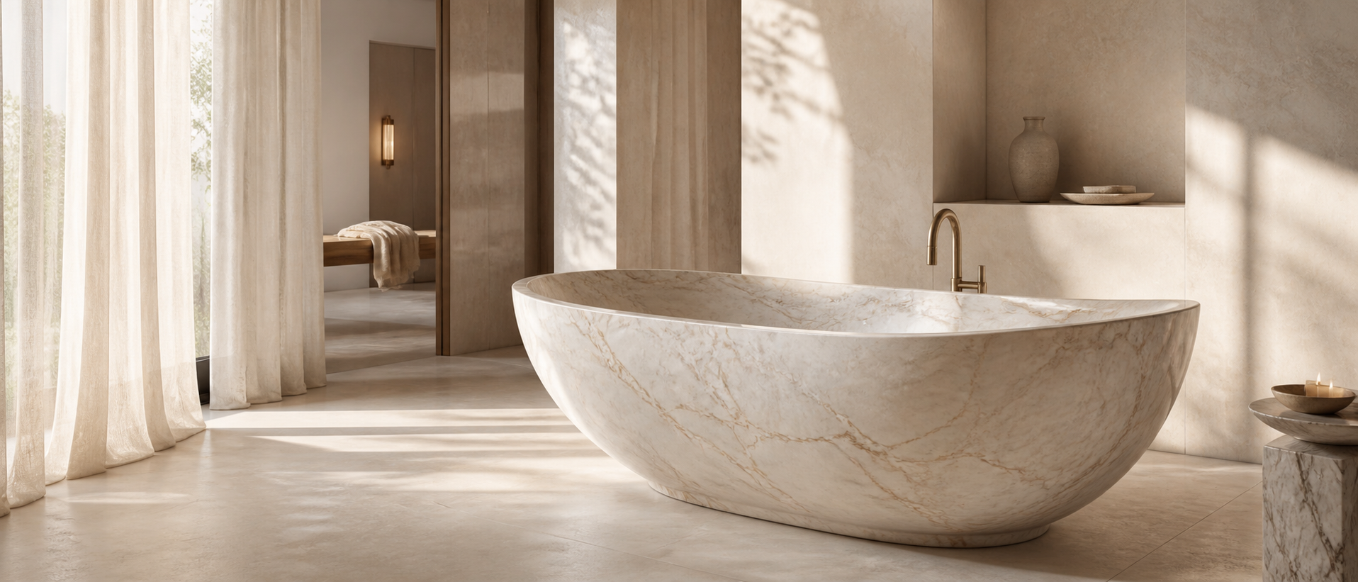 Freestanding natural stone bathtub in a serene minimalist bathroom with warm natural light