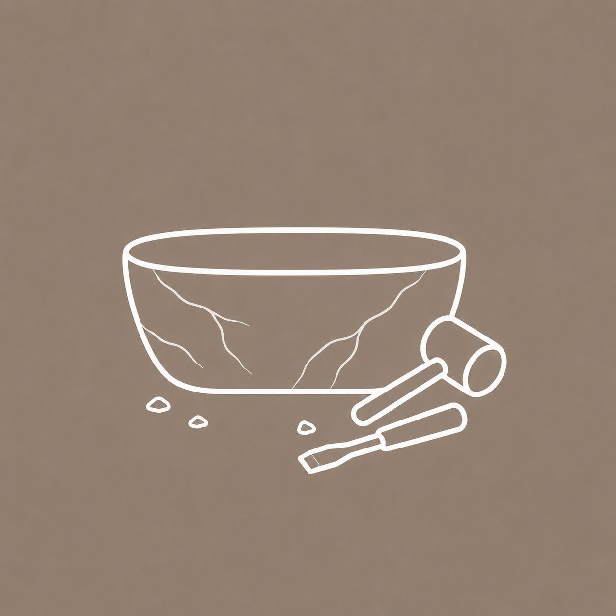 Minimal line icon showing stonecraft tools and a carved basin, representing handcrafted stone craftsmanship.