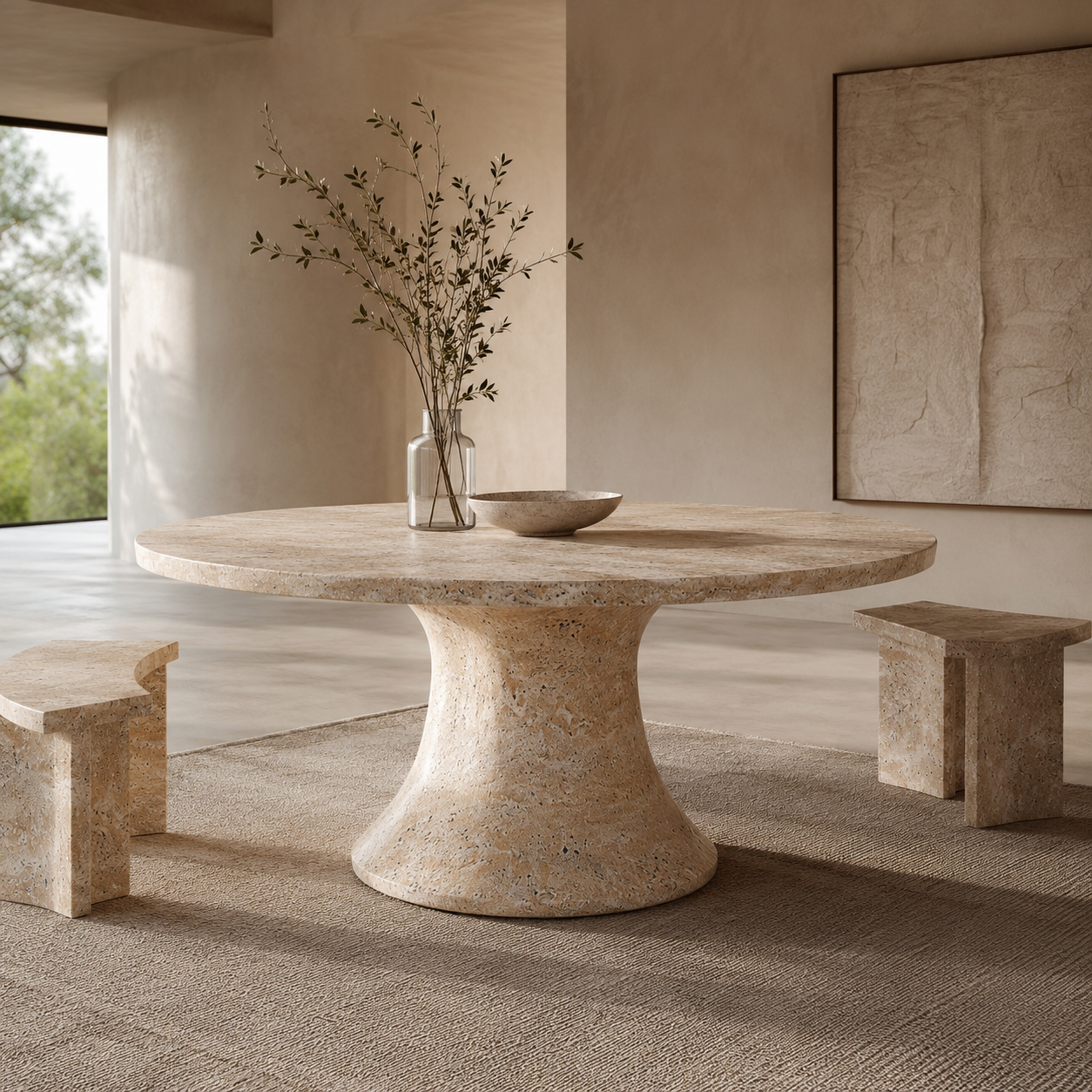 Round travertine dining table by OIXDESIGN in a soft minimalist dining interior