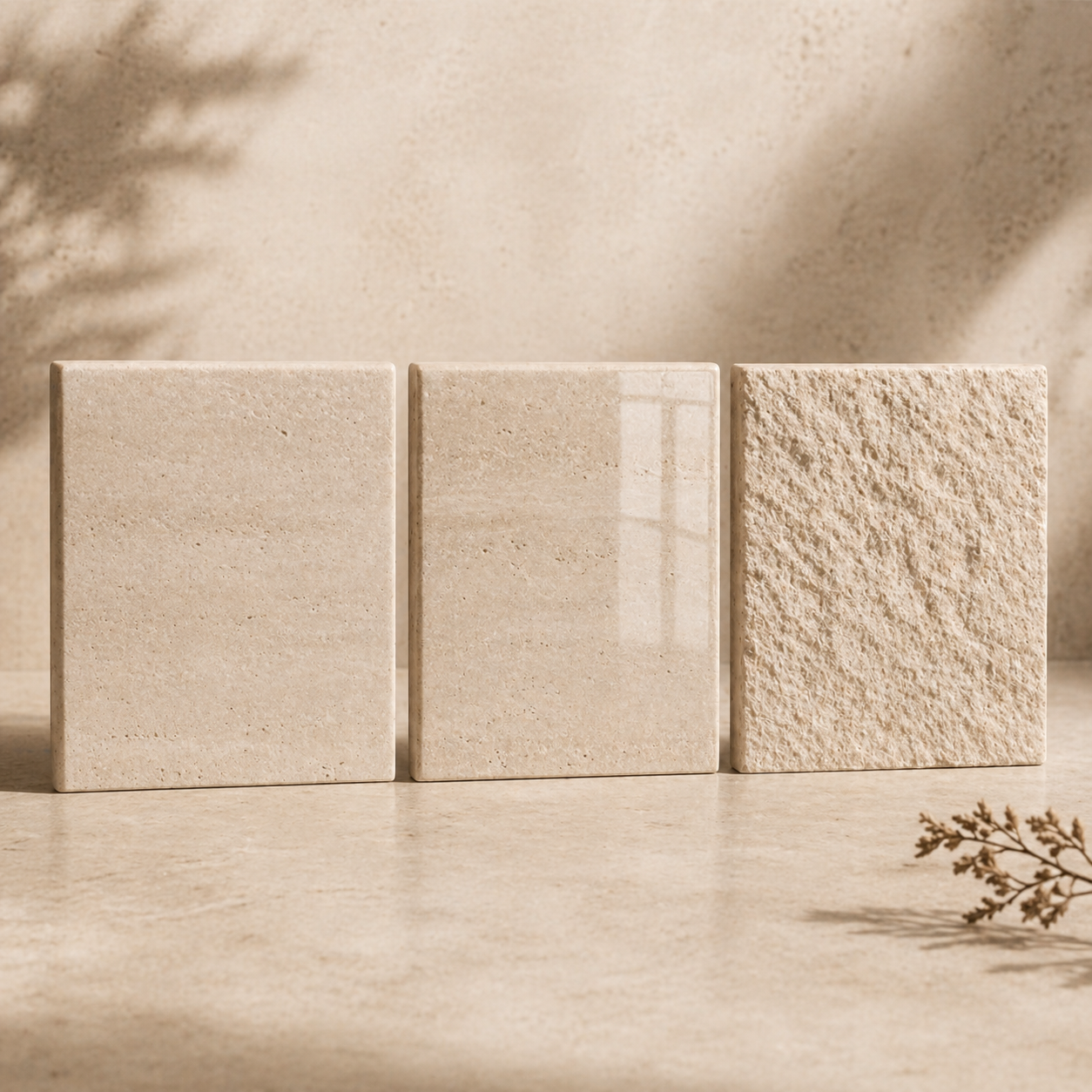 Stone finish comparison showing honed, polished, and textured surface options