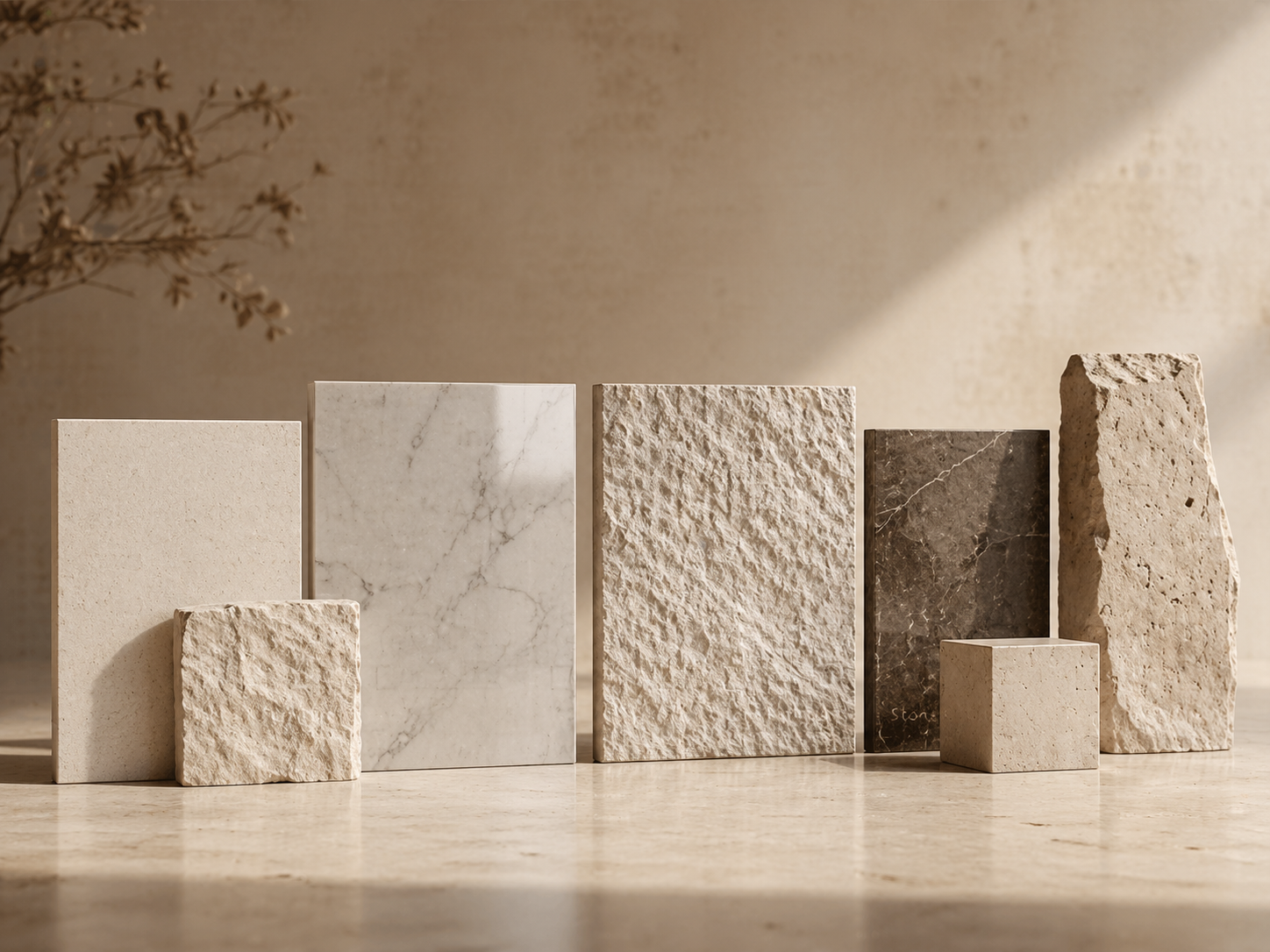 Stone finish comparison showing smooth, honed, polished, and textured natural stone surfaces