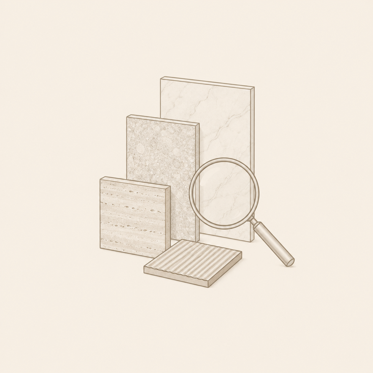 Natural stone material samples with magnifying glass icon for reviewing marble, travertine, and finish possibilities.
