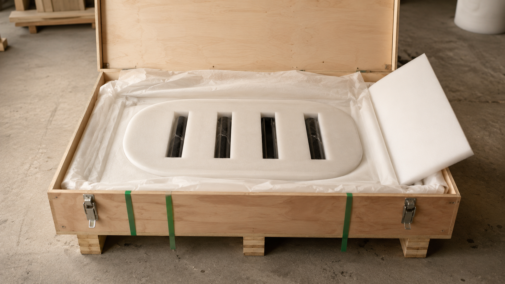 Protective packaging for heavy natural stone pieces with wooden crate and foam support by OIXDESIGN