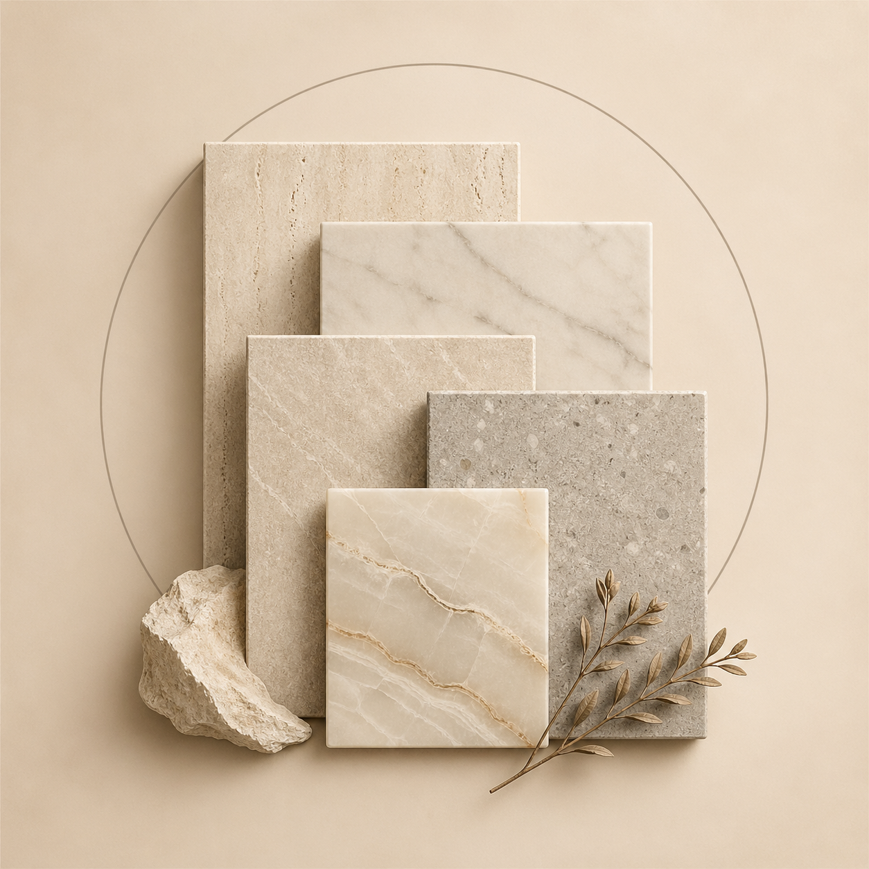 Minimal icon of a curated stone and marble palette representing stone selection at OIXDESIGN