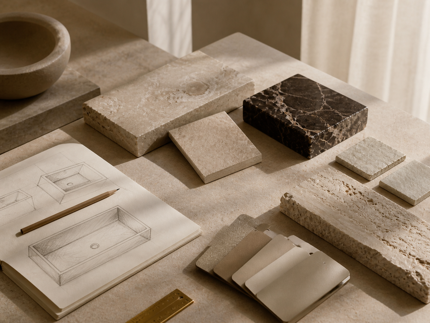 Marble, travertine, limestone, and dark stone samples arranged for custom stone sink material selection