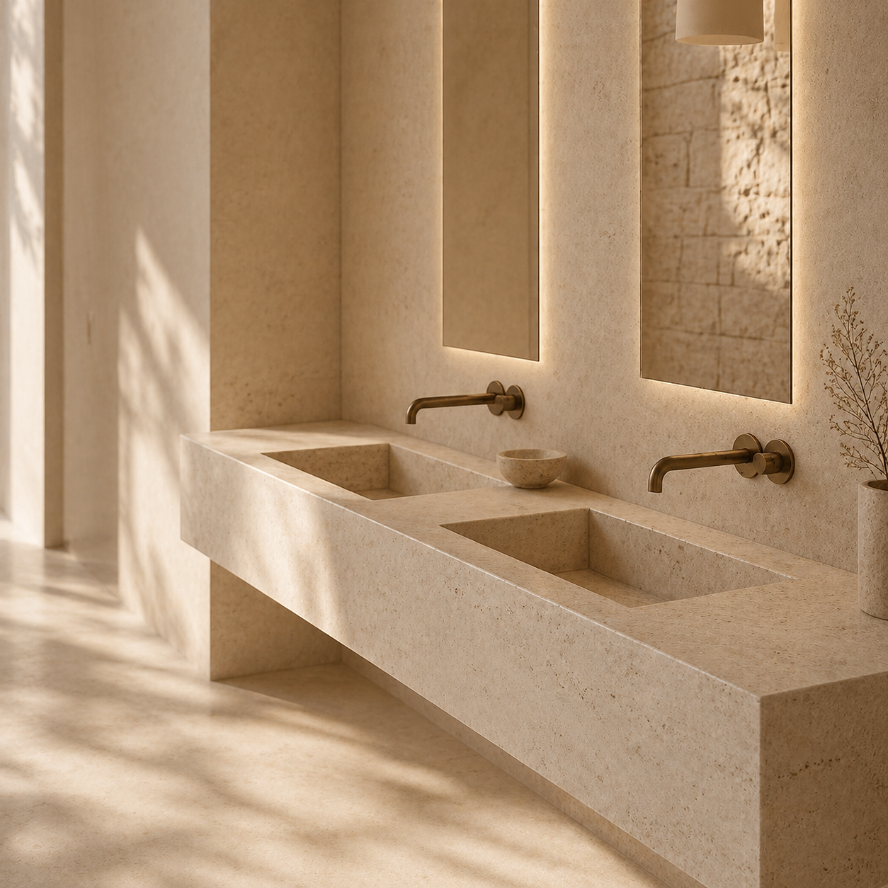 OIXDESIGN stone sinks featured in a refined hospitality bathroom design with natural stone details