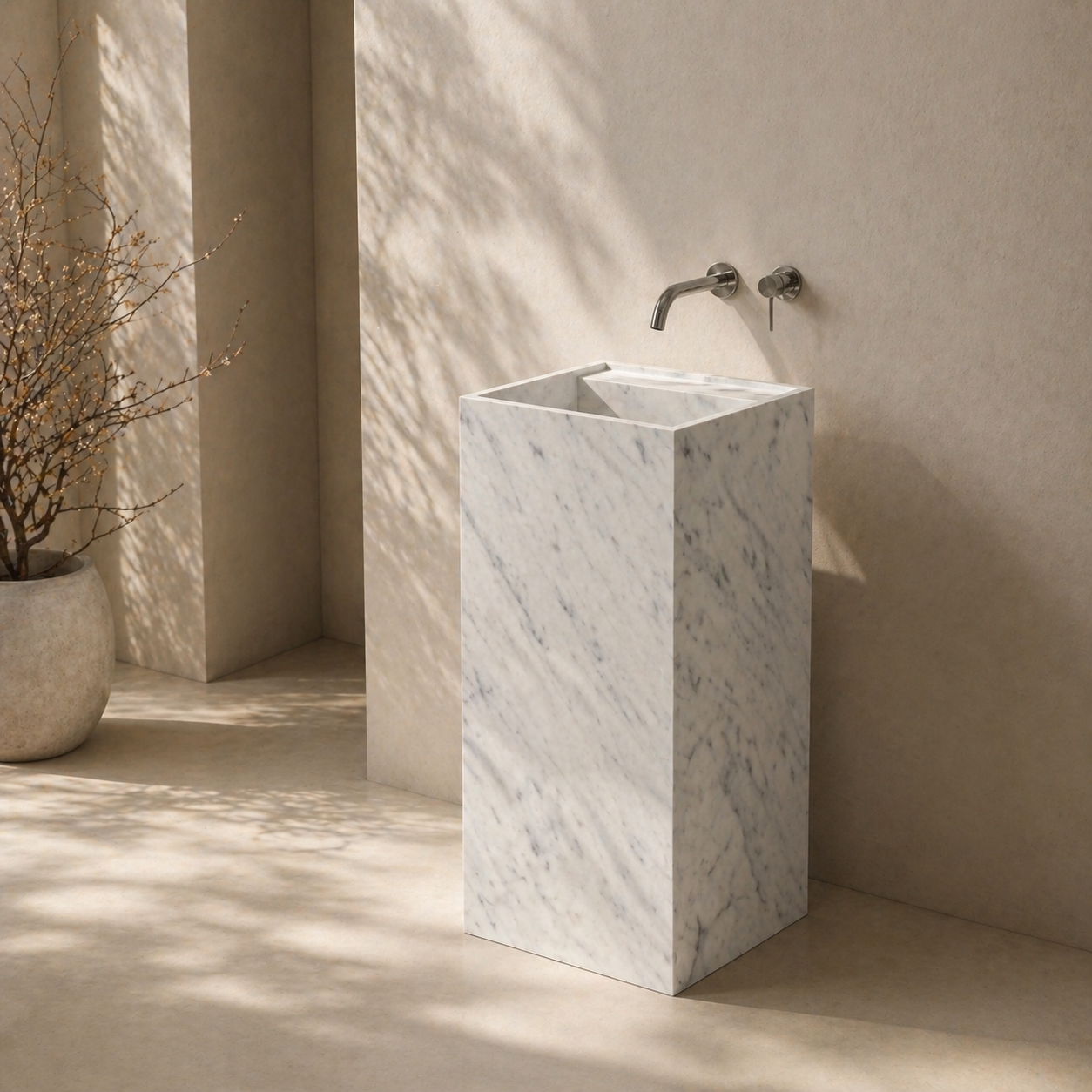 OIXDESIGN natural stone sink in a serene minimalist bathroom setting