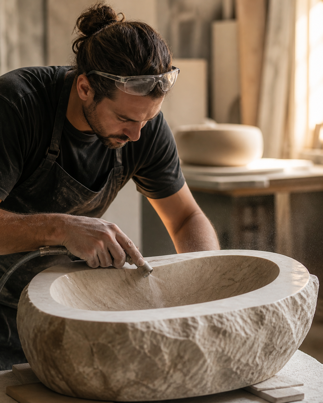 Artisan hand-finishing a natural stone basin with careful craftsmanship